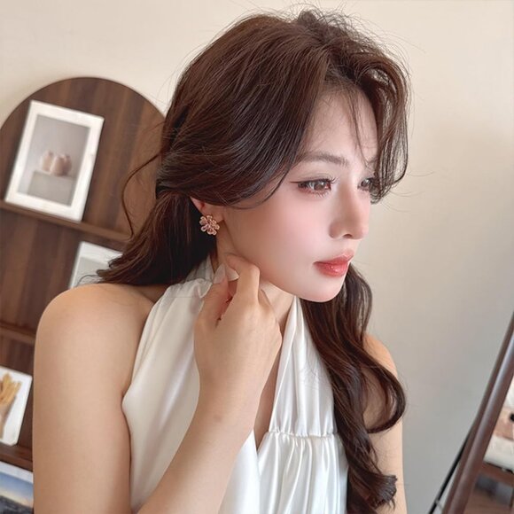 Luxury Pink CZ Flower Stud Earrings for Women in 925 Sterling Silver with Gold P - Picture 3 of 6